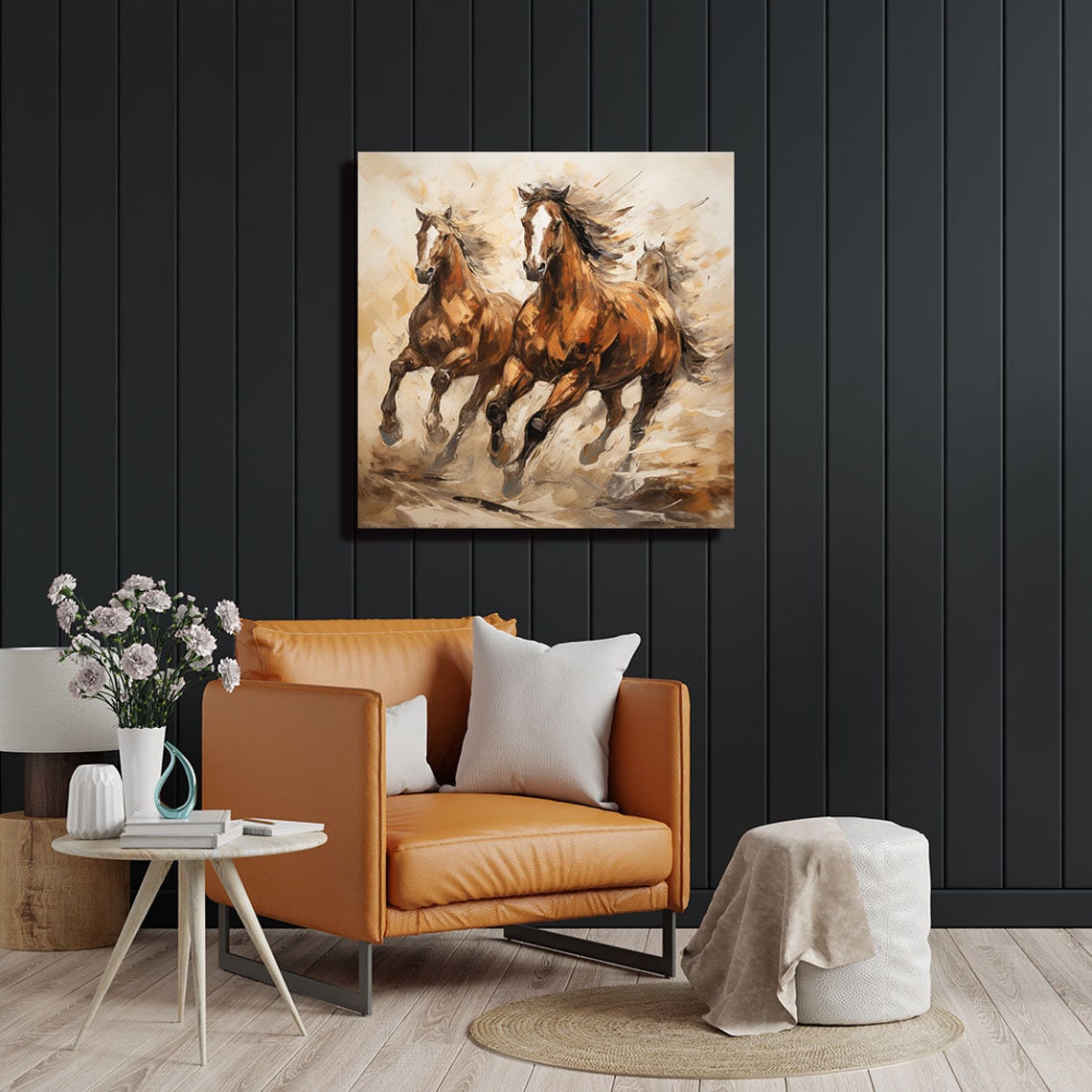 Three Running Wild Horses Herd Warm Watercolor Western Canvas Poster - Image 4