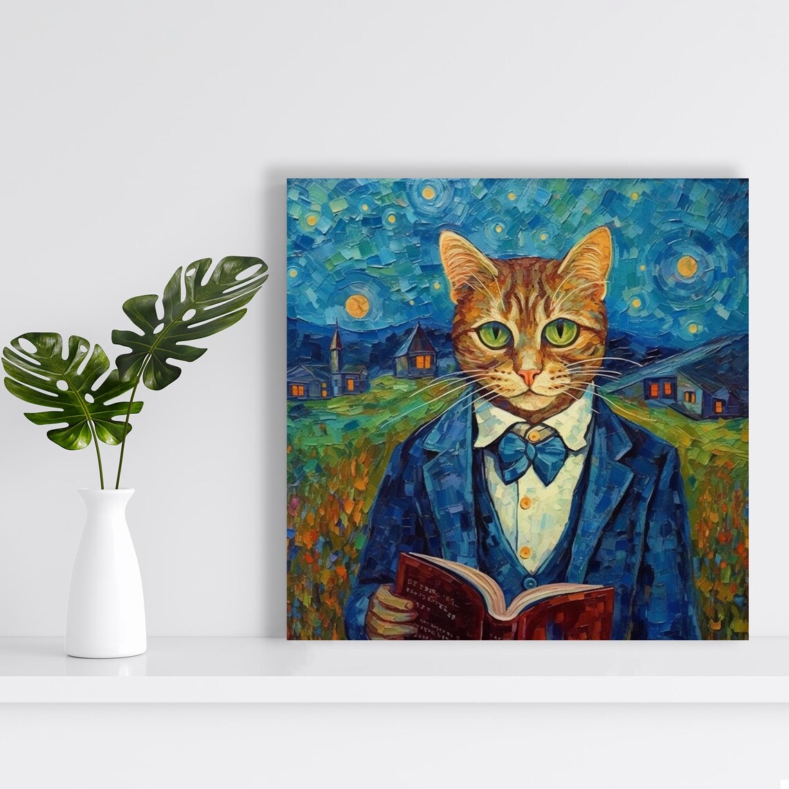 Scholar Cat Starry Night Impressionist Blue Green Literary Art Poster - Image 2