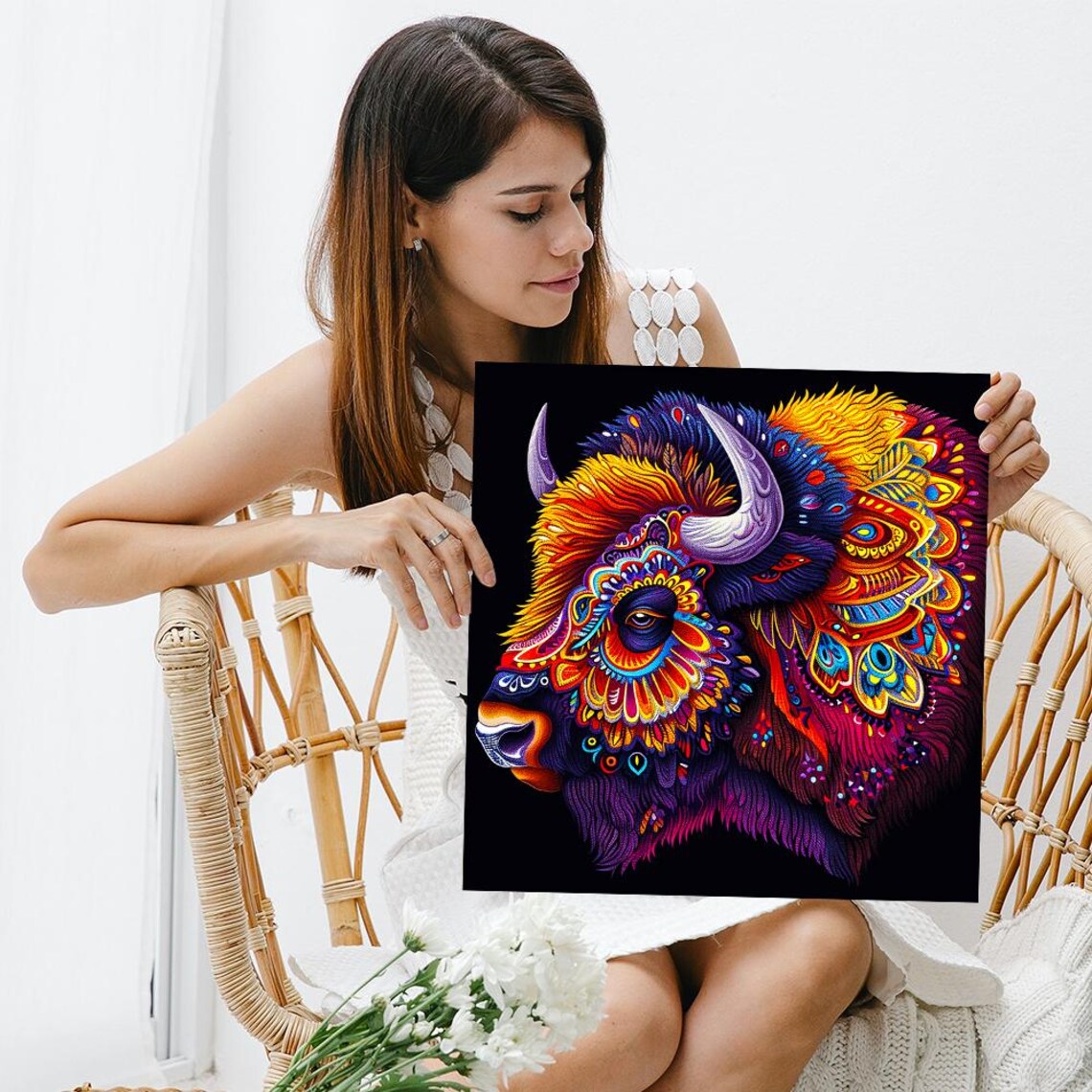 Psychedelic Bison Head Ornamental Colorful Bohemian Animal Wall Art Poster - Image 3