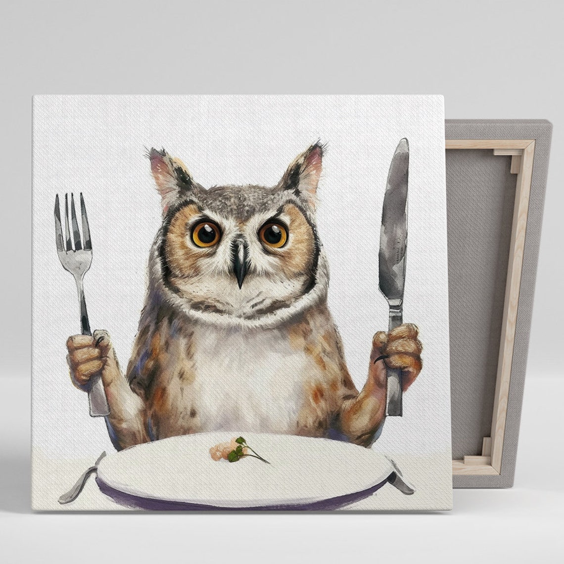 Funny Owl Holding Fork and Knife at Dinner Table Kitchen Wall Poster