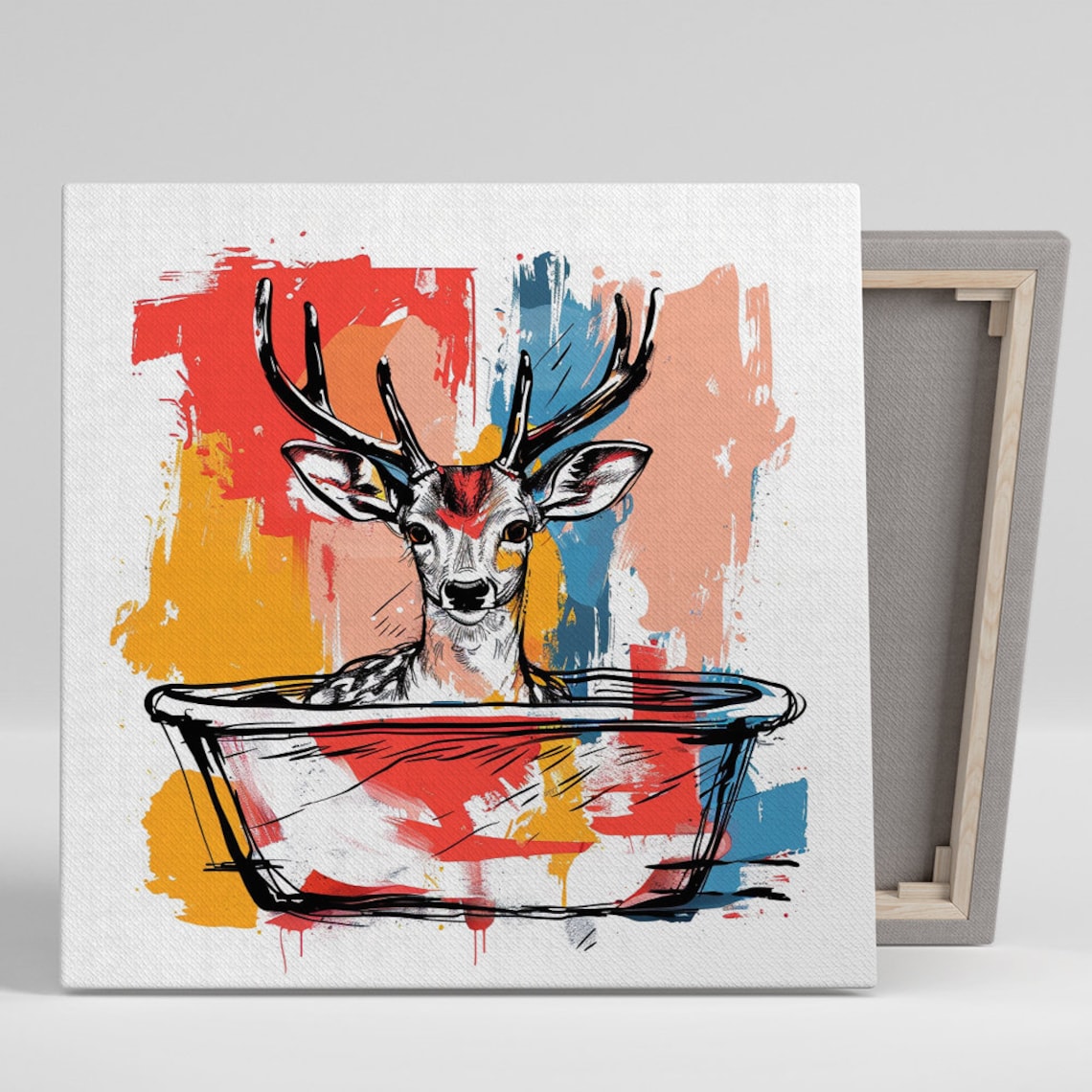 Playful Deer In Bathtub Pop Art Sketch Red Blue Splash Poster
