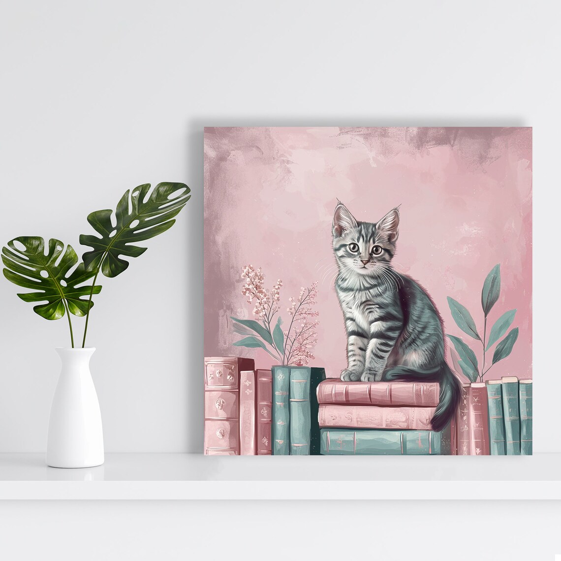 Whimsical Kitten and Books Art Print, Vintage Decor - Image 2