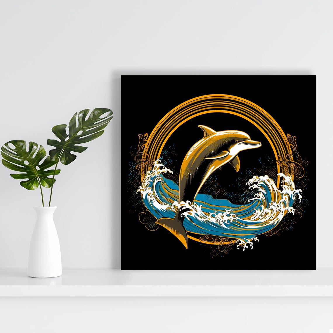 Golden Dolphin Leaping Ocean Wave Black Background Elegant Art Poster - Image 2