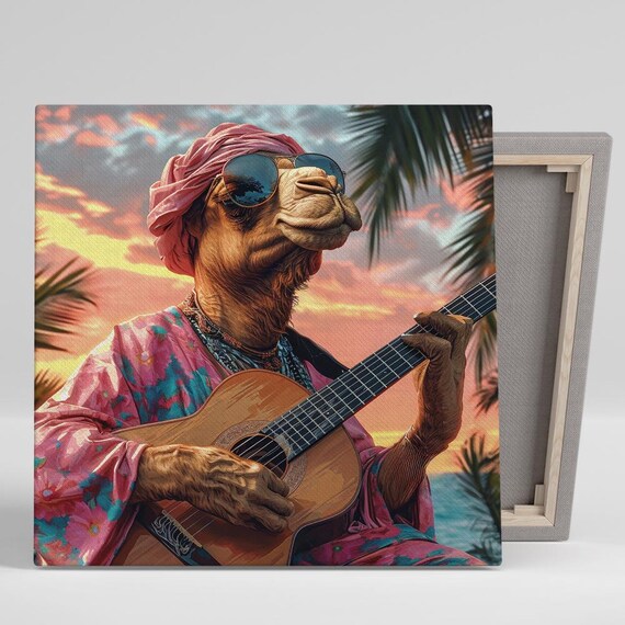 Camel Groovy Desert Musician Art Or Poster Whimsical Bohemian Decor Living Room Bedroom Home Theater Art Multicolor Pink Blue