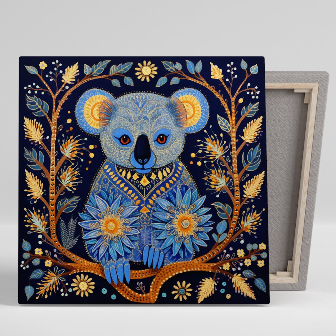Blue Gold Patterned Koala Ornate Floral Dark Background Art Poster