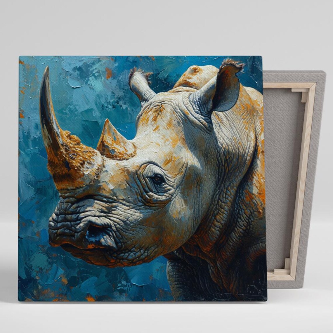 White Rhino Portrait Impasto Oil Painting Blue Background Poster