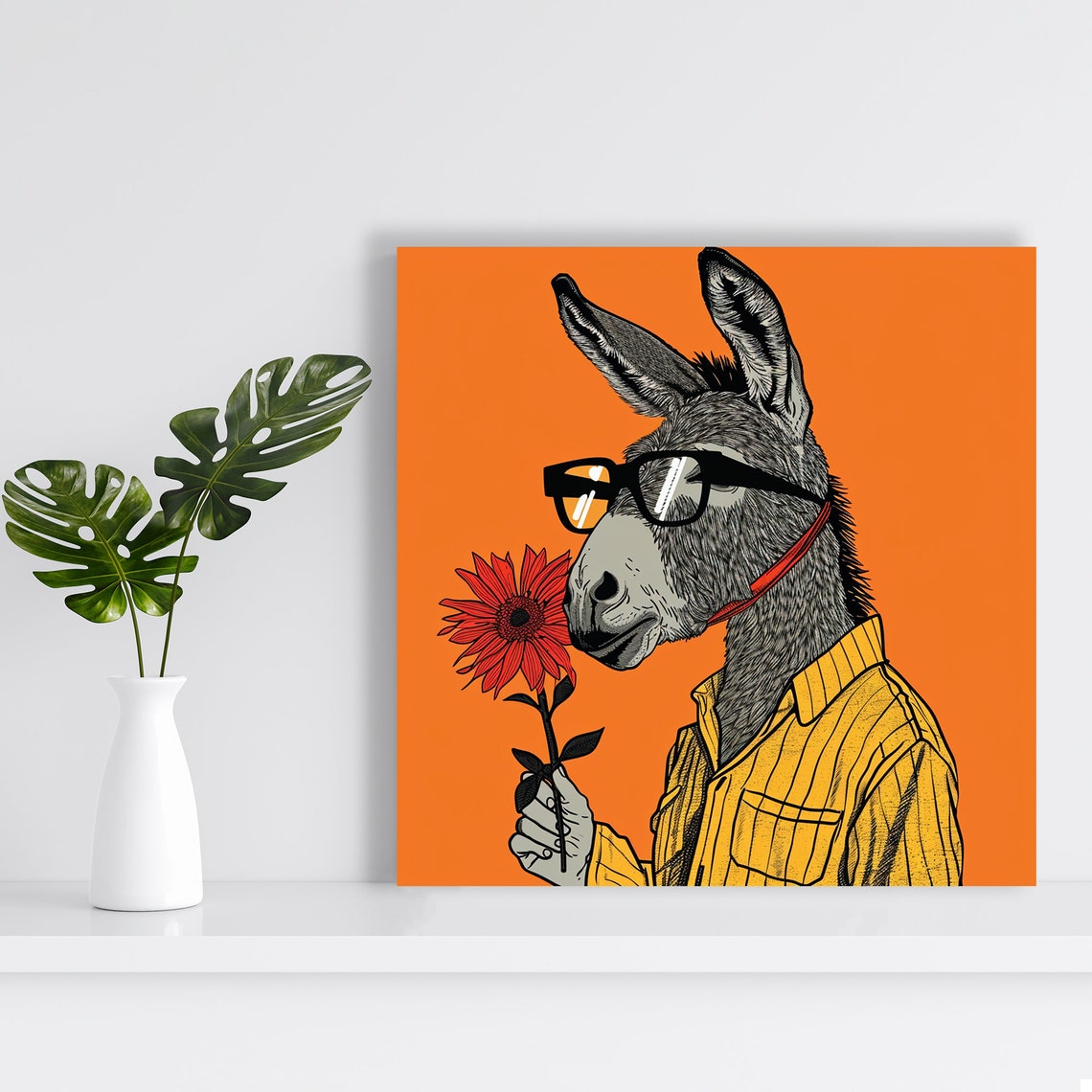 Hipster Donkey With Glasses Holding Red Flower Orange Art Poster - Image 2