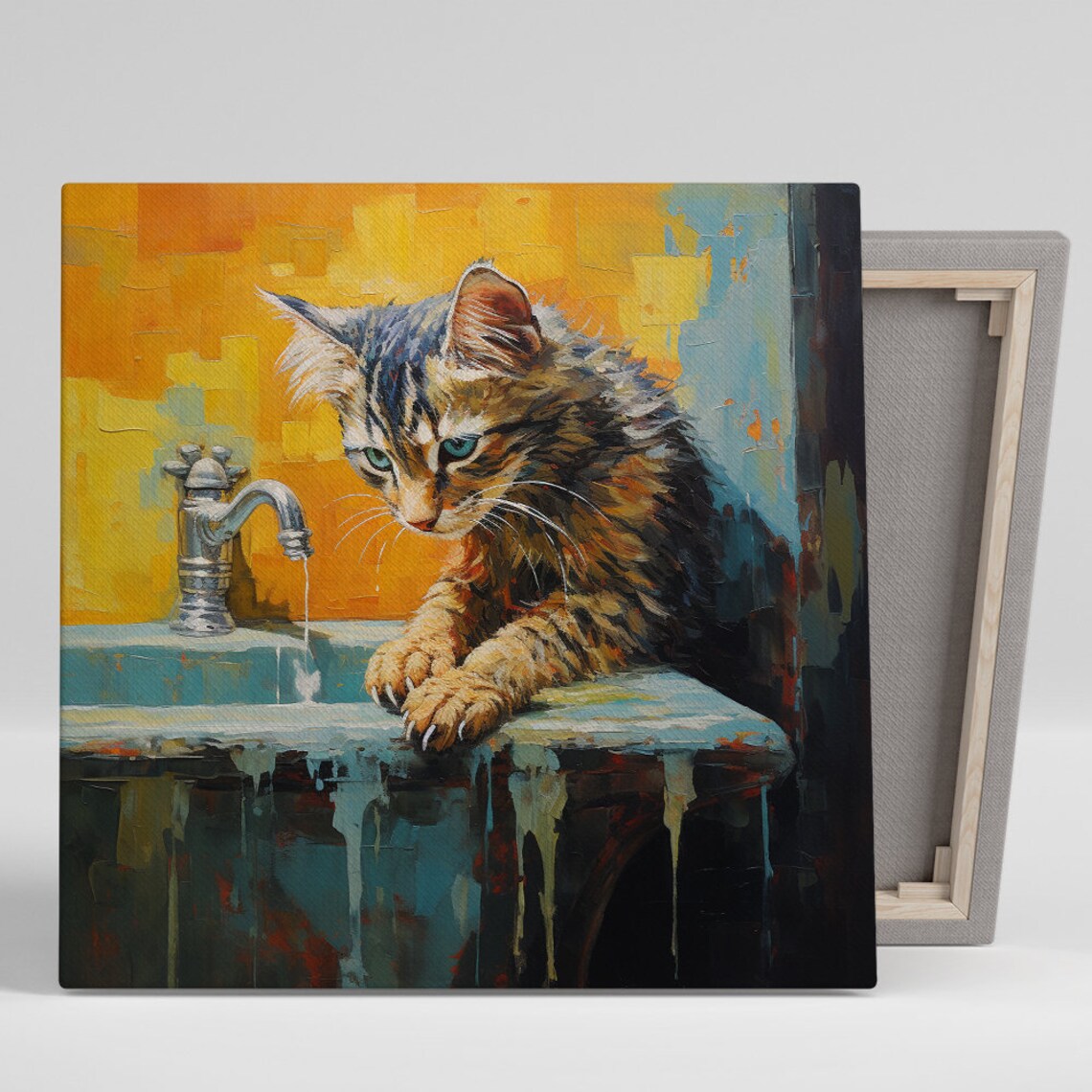 Curious Tabby Kitten At The Faucet Poster Painterly Cat Bathroom Wall Art