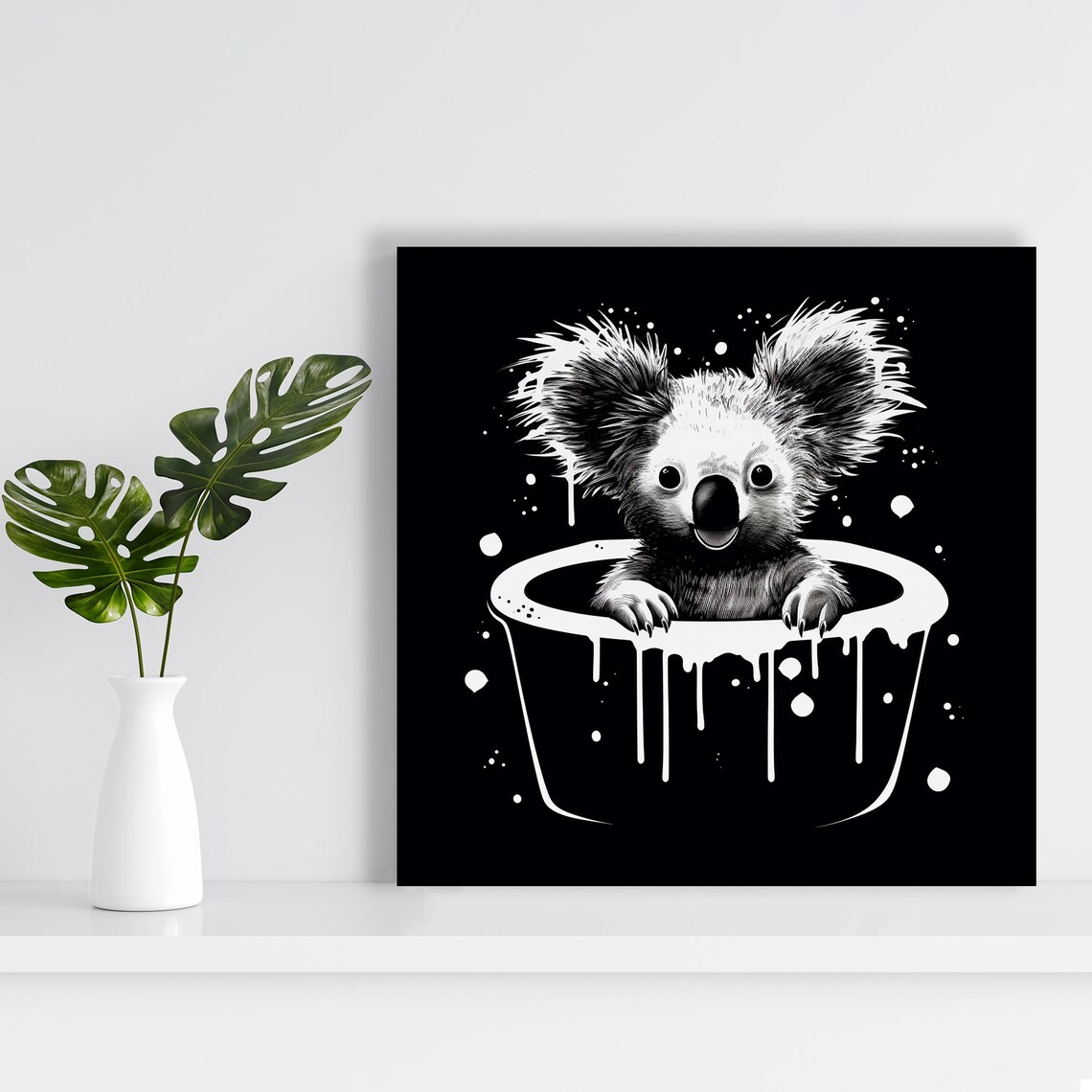 Koala Bath Time In Paint Drip Tub Black And White Whimsical Wall Poster - Image 2