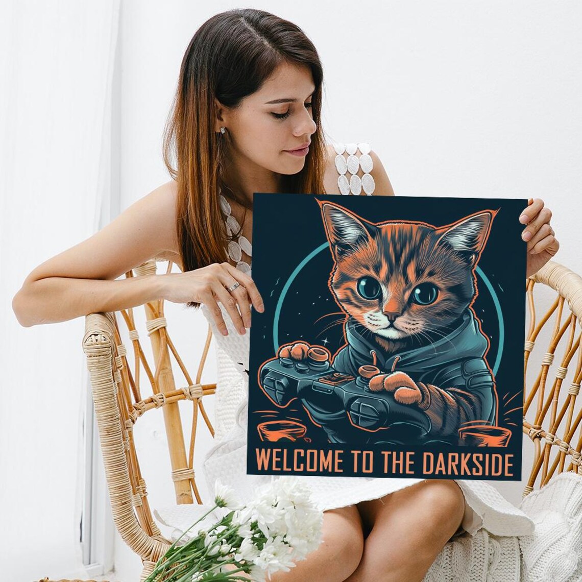 Gamer Cat In Hoodie Welcome To The Darkside Neon Pop Art Poster - Image 3