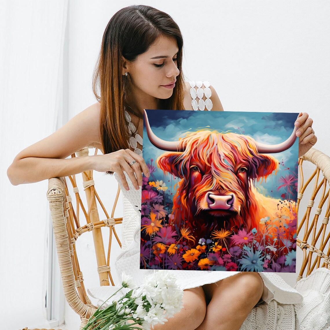 Highland Cow With Flower Or Poster Highland Cow Wall Art Scottish Highland Cow Farm Animal Art Room Decor Cow Wall Hanging - Image 3