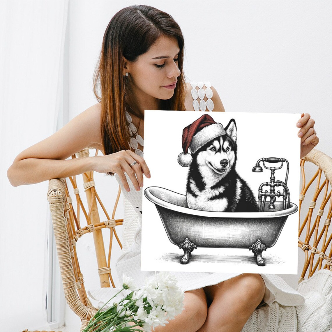 Husky Santa Hat Vintage Bathtub Christmas Dog Sketch Wall Poster - Image 3