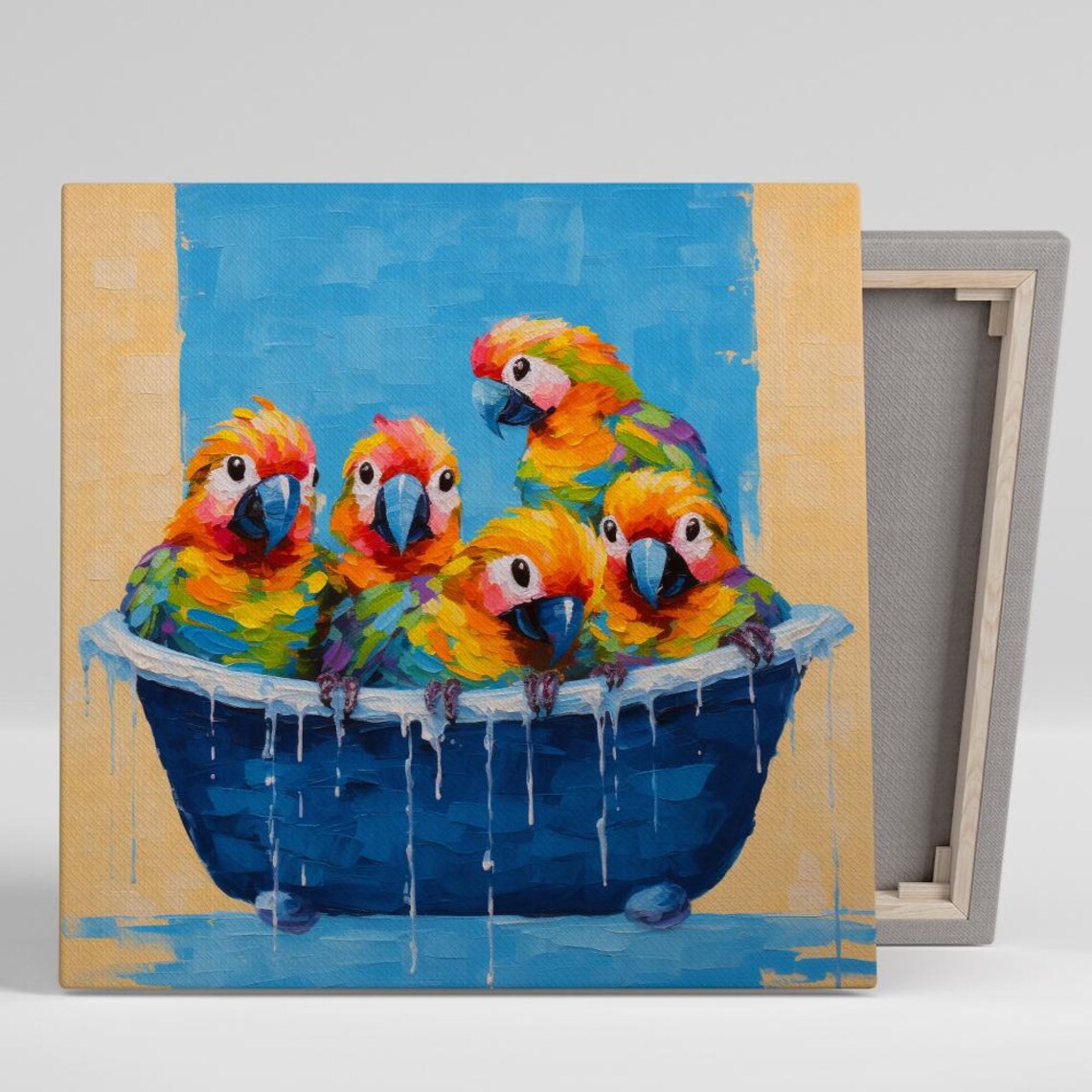 Five Colorful Conures Bathing Blue Tub Funny Parrots Party Wall Poster