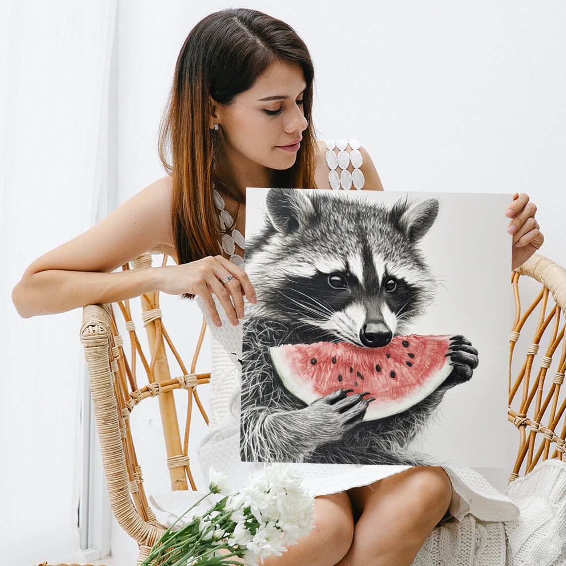 Raccoon Eating Watermelon Slice Black White Red Pop of Color Poster - Image 3