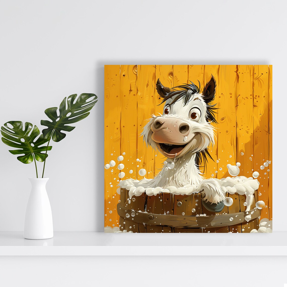 Happy Pony Splashing in Wooden Bubble Bath Tub Farmhouse Poster - Image 2