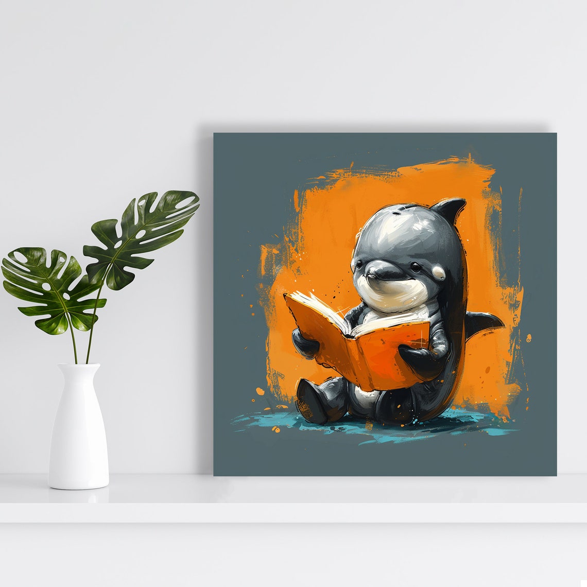 Baby Dolphin Reading Orange Book Teal Background Cute Ocean Art Poster - Image 2