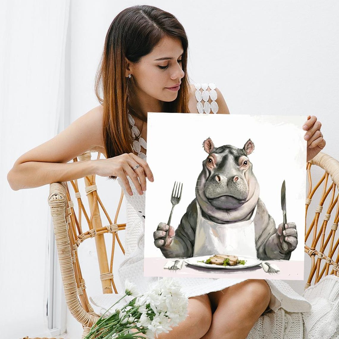 Hippo Chef Bib Fork Knife Dinner Table Funny Whimsical Food Art Poster - Image 3