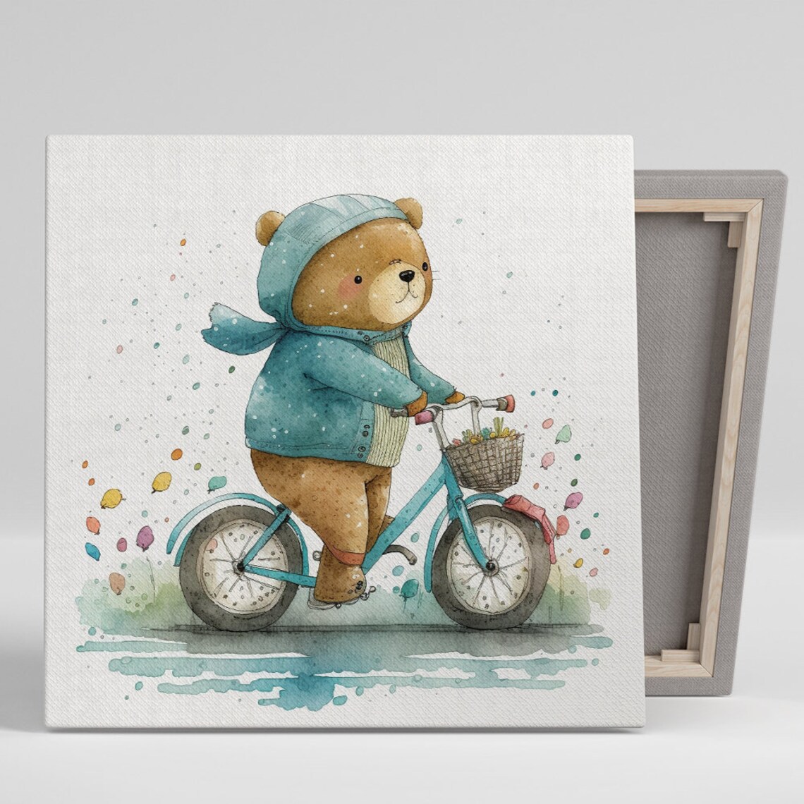 Teddy Bear Riding Blue Bicycle Flower Basket Watercolor Nursery Poster