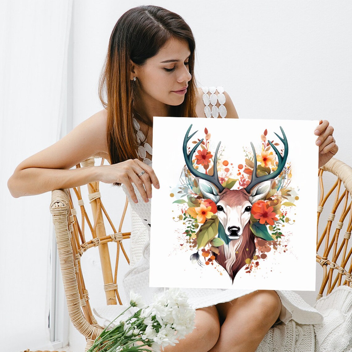 Floral Deer Portrait Wildflowers Antlers Nature Bohemian Poster - Image 3