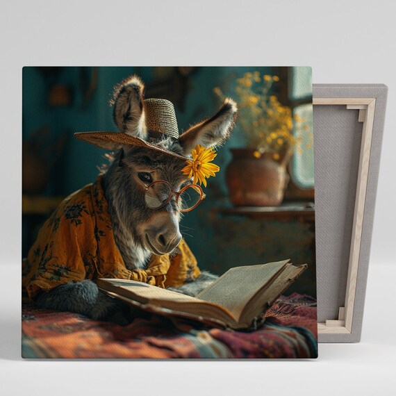 Scholarly Donkey In Straw Hat Reading Book Glasses Cozy Vintage Art Print