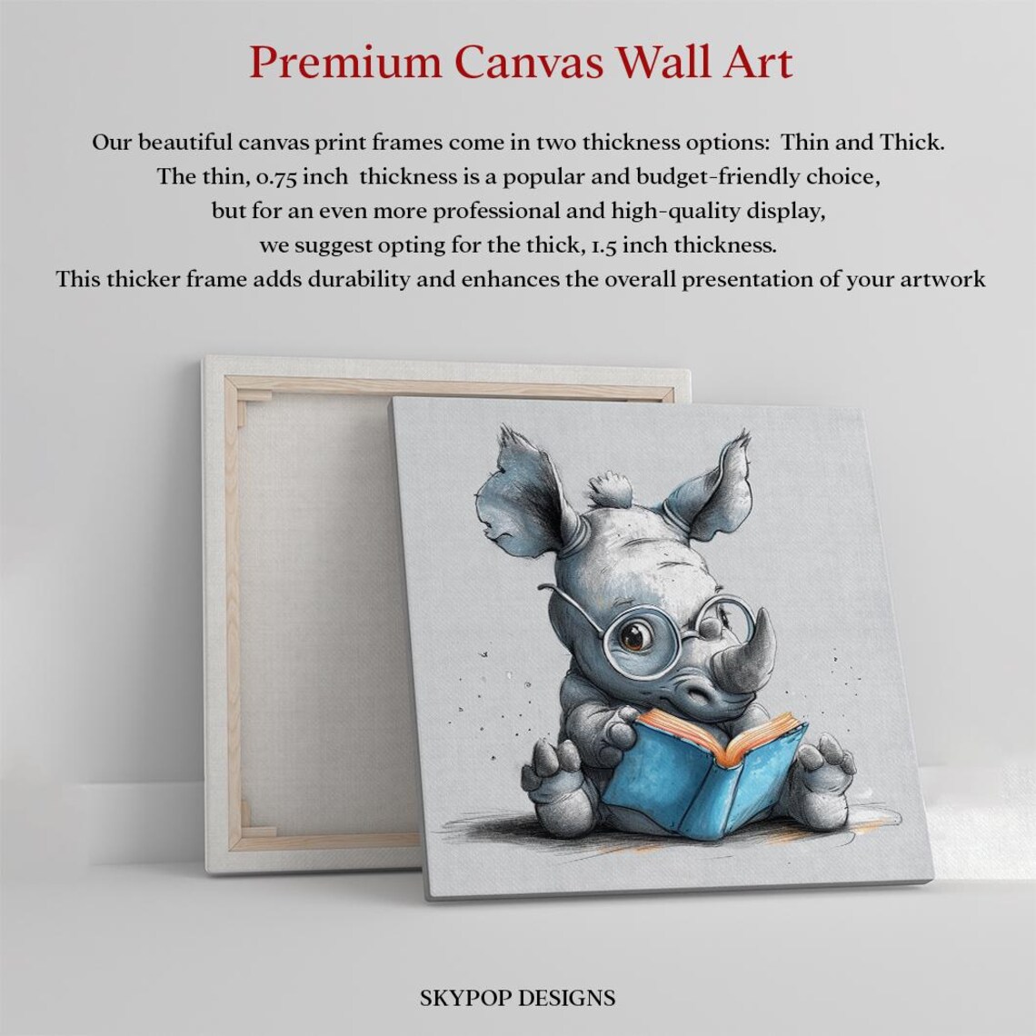 Baby Rhino With Glasses Reading Book Cute Watercolor Art Poster - Image 3