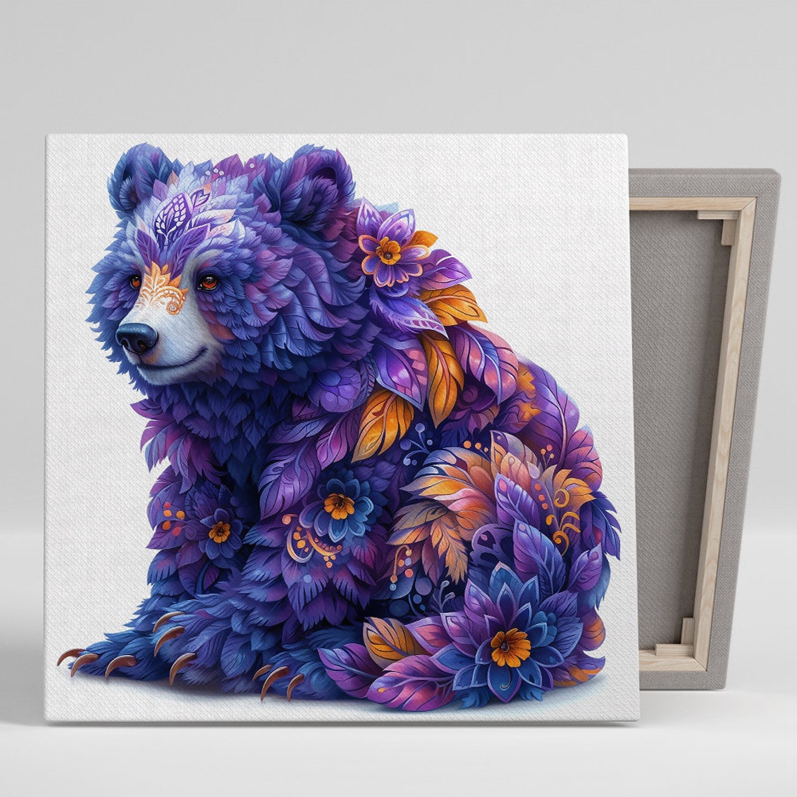 Floral Bear Fantasia Art Or Poster Bohemian Decor Living Room Children Room Office Wall Art Purple Blue Orange White Animal Art