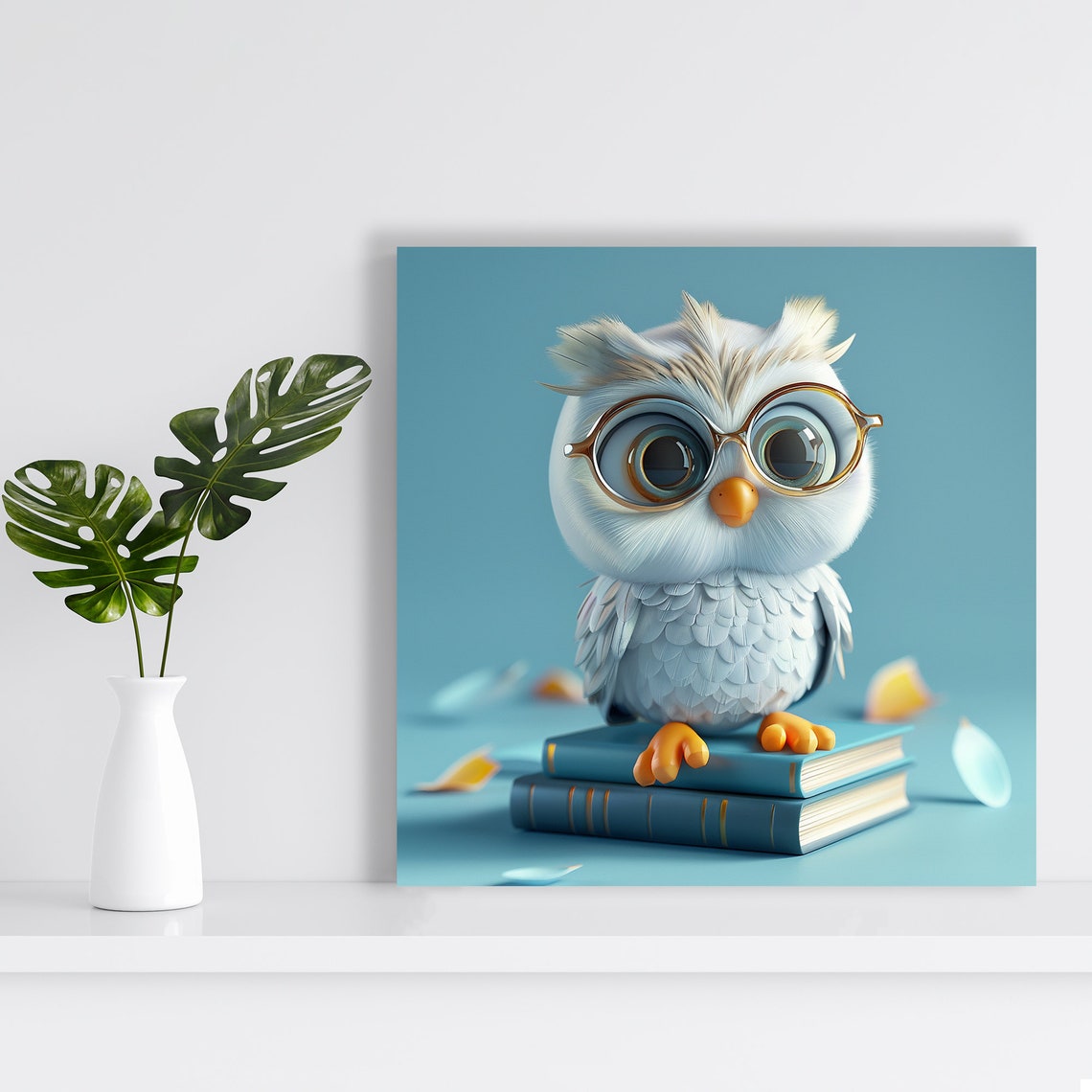 Baby Owl Round Glasses Stack Of Books Cute Library Decor Poster - Image 2