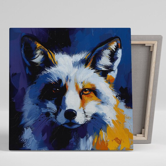 Fox Portrait Blue Orange Dramatic Oil Paint Style Wildlife Wall Art Print