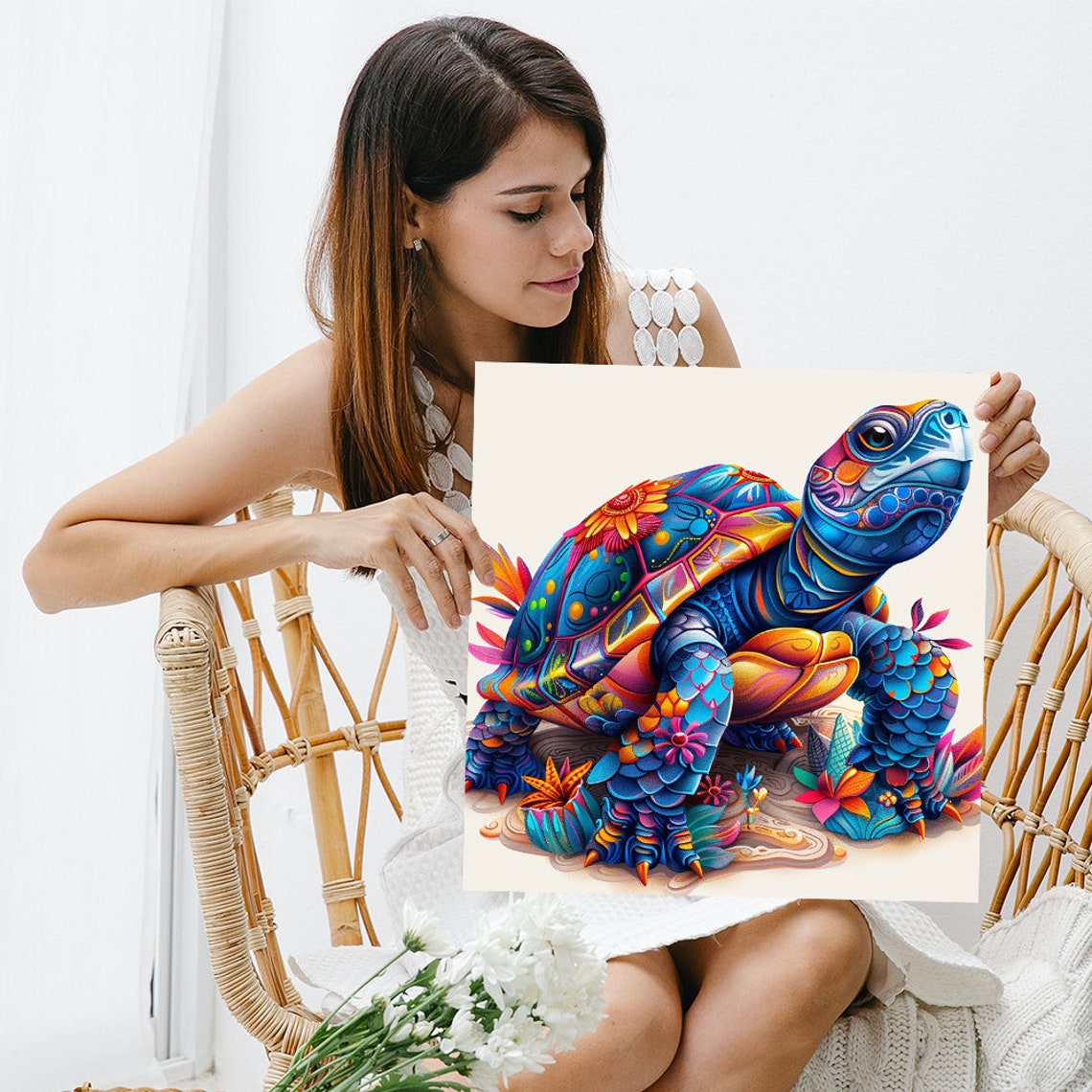 Vibrant Psychedelic Sea Turtle Floral Bohemian Animal Wall Poster - Image 3