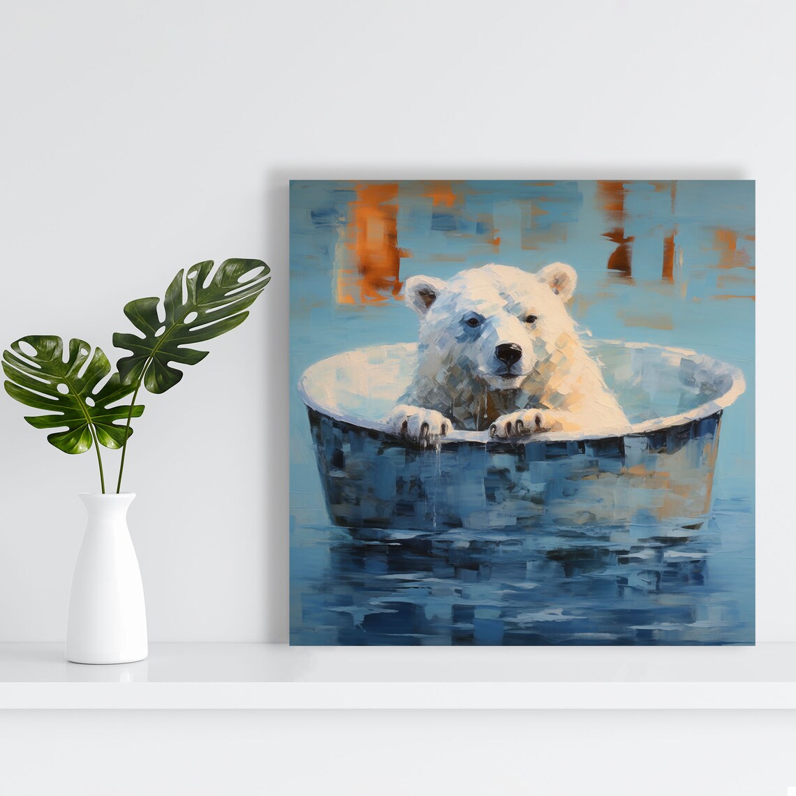 Polar Bear In Metal Washtub Painterly Blue Cute Wildlife Art Poster - Image 3