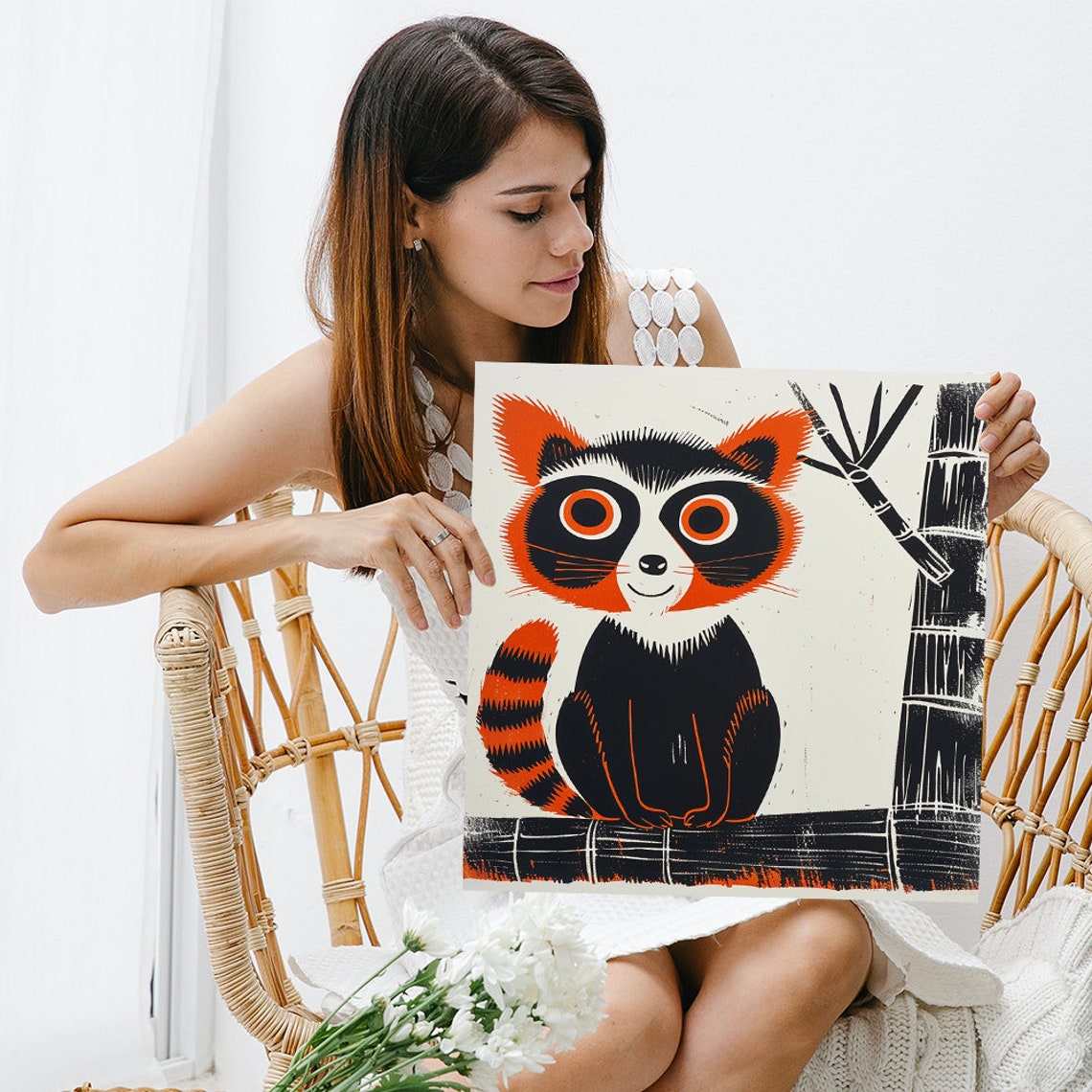 Retro Raccoon Pop Art Bamboo Woodcut Style Whimsical Animal Poster - Image 3