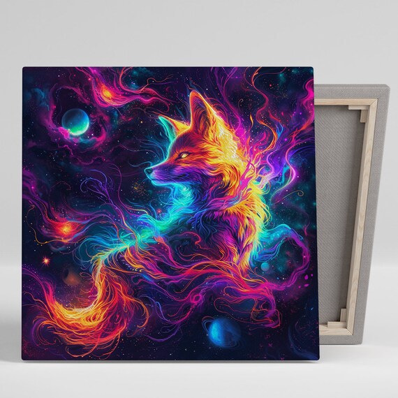 Neon Cosmic Fox Spirit In Galaxy Nebula Surreal Space Animal Poster