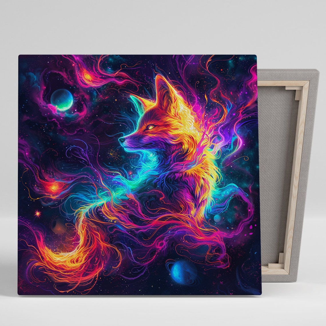 Neon Cosmic Fox Spirit In Galaxy Nebula Surreal Space Animal Poster