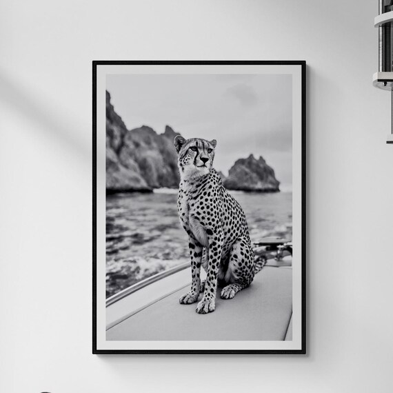 Fine Art Cheetah Black And White Print On Yacht Luxury Wildlife Wall Framed Animal Photography Coastal Decor