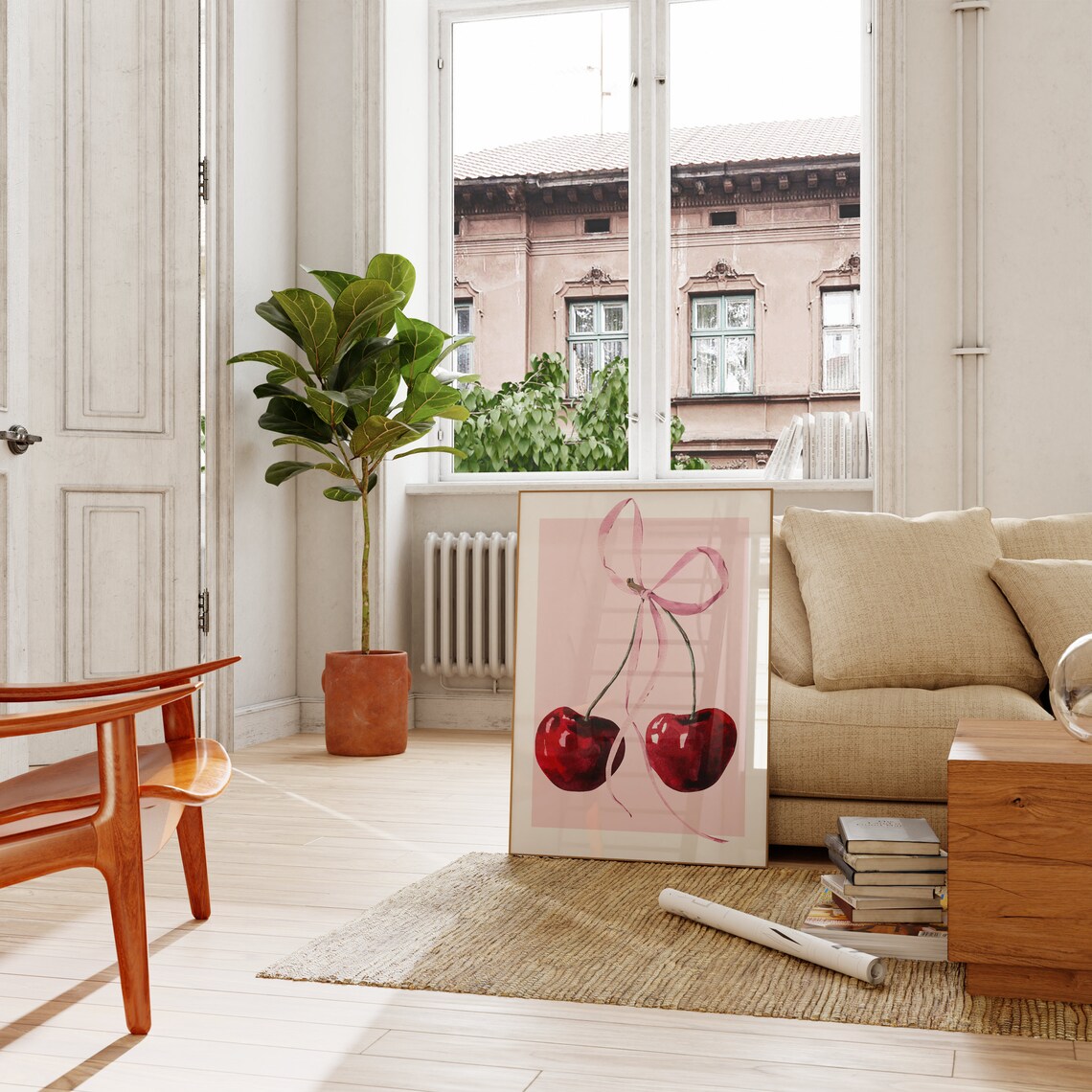 Pink Bow and Red Cherry Watercolor Art Print - Image 2