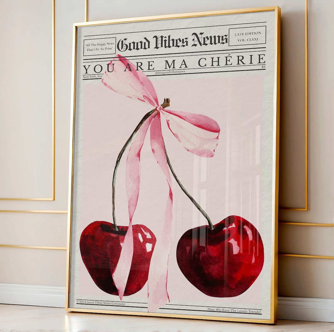 Trendy Cherries Bow Print, Coquette Room Decor - Image 3