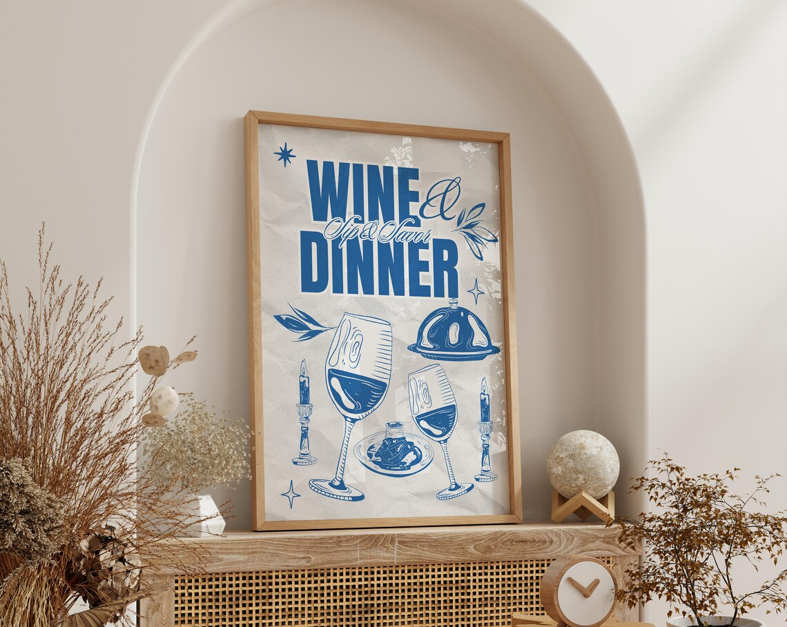 Wine and Dinner Sip and Savor Poster Blue Hand Drawn Kitchen Dining Artwork - Image 3