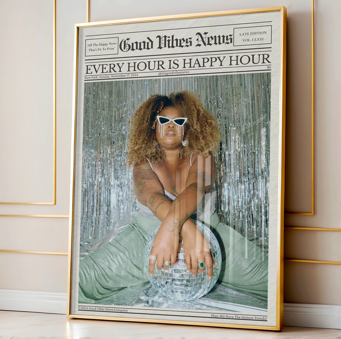 Good Vibes News Every Hour Is Happy Hour Disco Girl Newspaper Poster