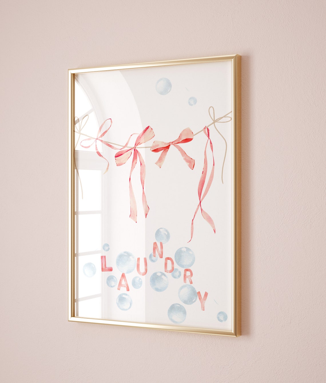 Laundry Room Watercolor Poster Pink Bow Bubbles Cute Wall Decor - Image 2
