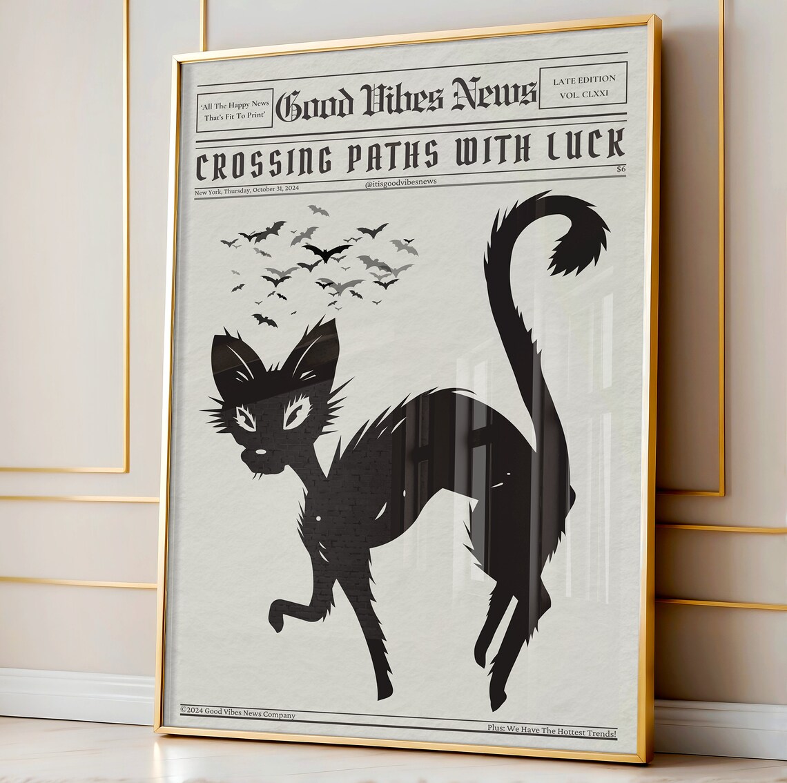 Crossing Paths With Luck Newspaper Poster Gothic Black Cat Bats Artwork - Image 3