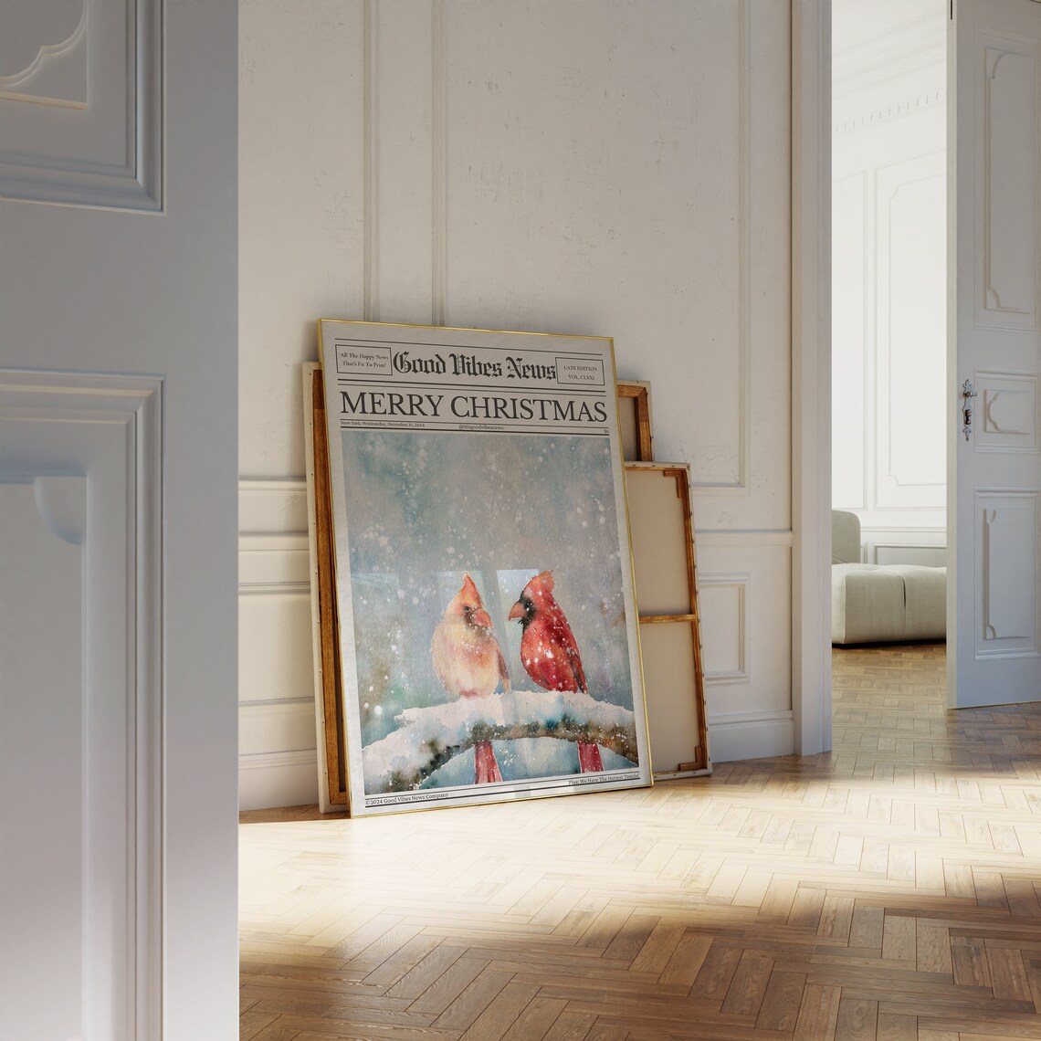 Merry Christmas Newspaper Poster Watercolor Cardinals Snowy Branch Artwork - Image 2