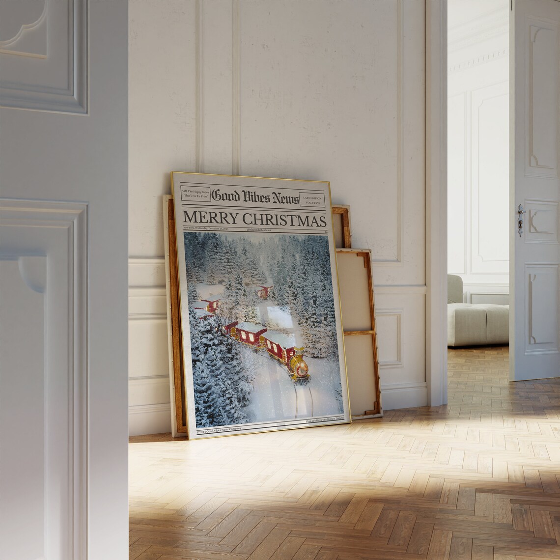 Merry Christmas Newspaper Poster Festive Red Train Snowy Forest Scene Art - Image 2