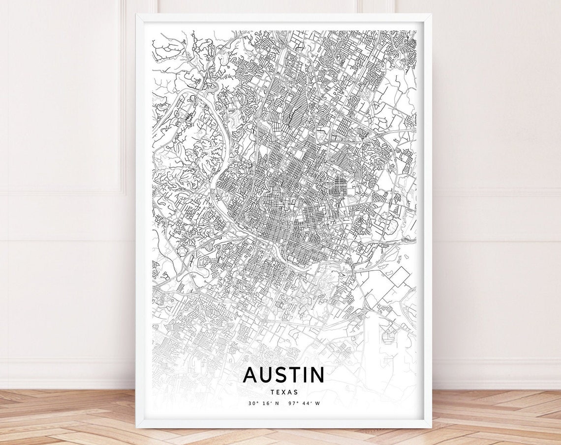Austin Urban Map Print City Street Poster Texas Black White Modern Wall Art Minimalist Office Decor