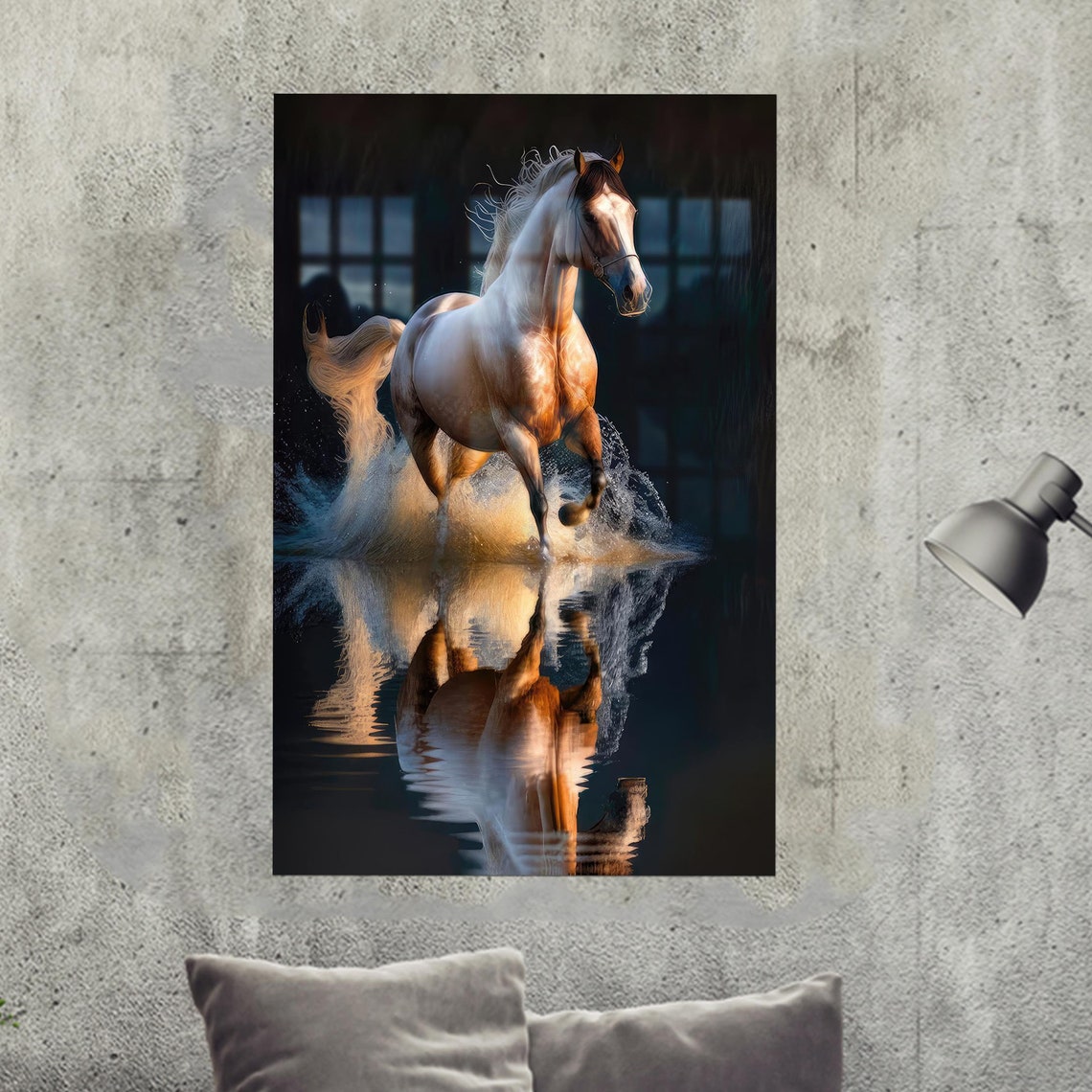 White Horse Running Through Water Reflection Dramatic Art Poster