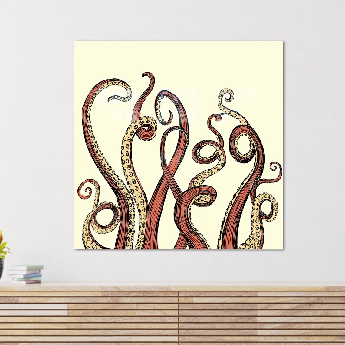 Curled Octopus Tentacles Red Cream Sea Life Illustrative Ocean Art Poster