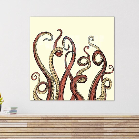 Curled Octopus Tentacles Red Cream Sea Life Illustrative Ocean Art Poster