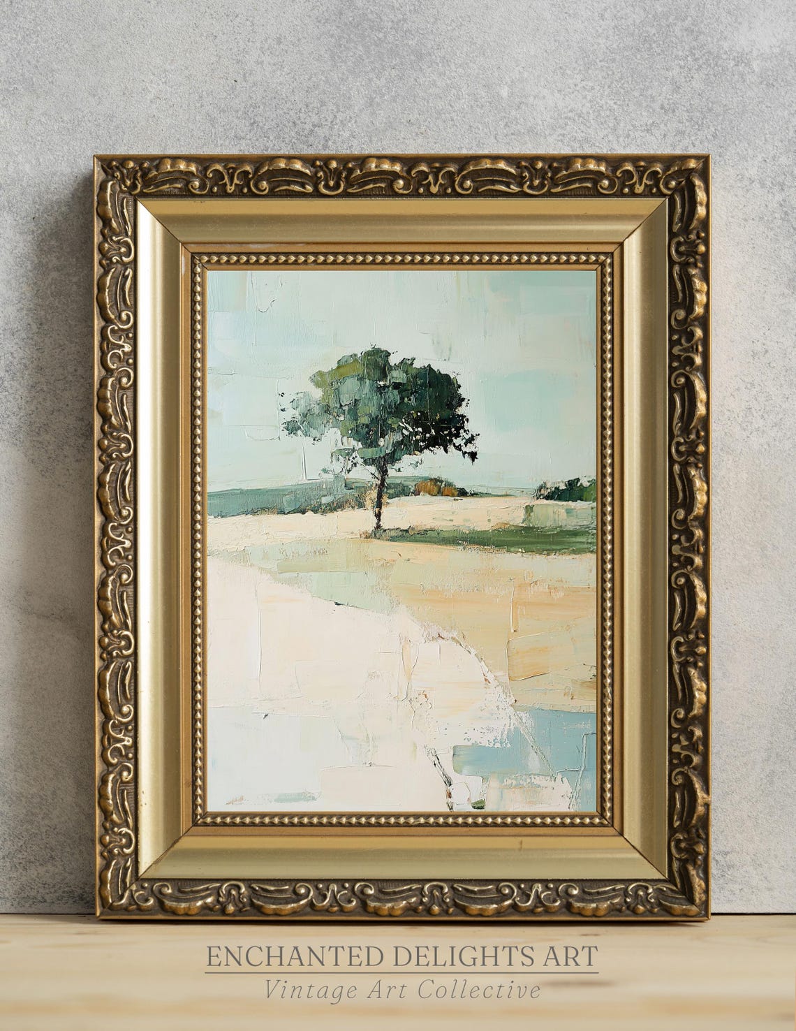 Lone Tree in Soft Field Rustic Vintage Oil Landscape Art Print