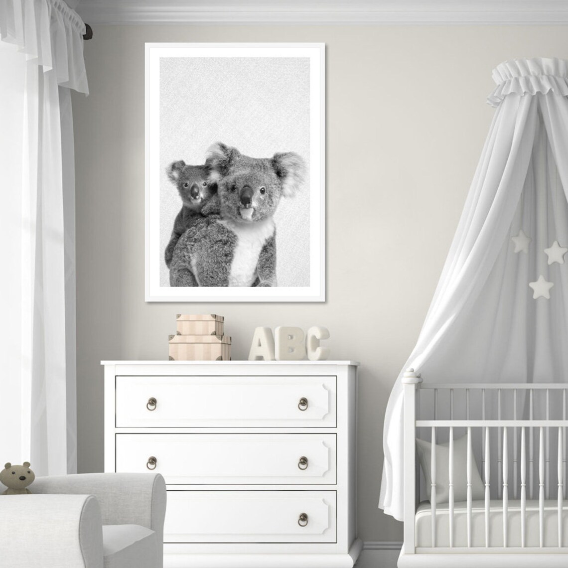Koala Mother And Joey Black And White Cute Animal Portrait Poster - Image 3