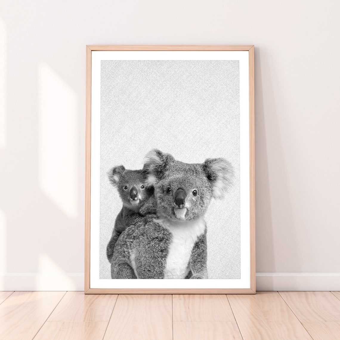 Koala Mother And Joey Black And White Cute Animal Portrait Poster