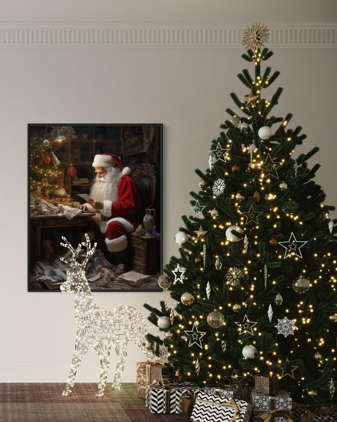 Vintage Santa Claus Reading Letters Cozy Christmas Workshop Art Print